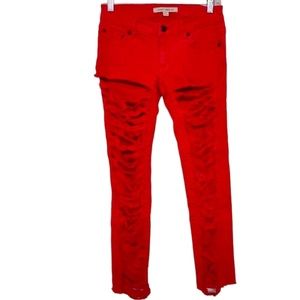 🌞 Forever 21 custom cutout shredded distressed cropped red jeans women size 27